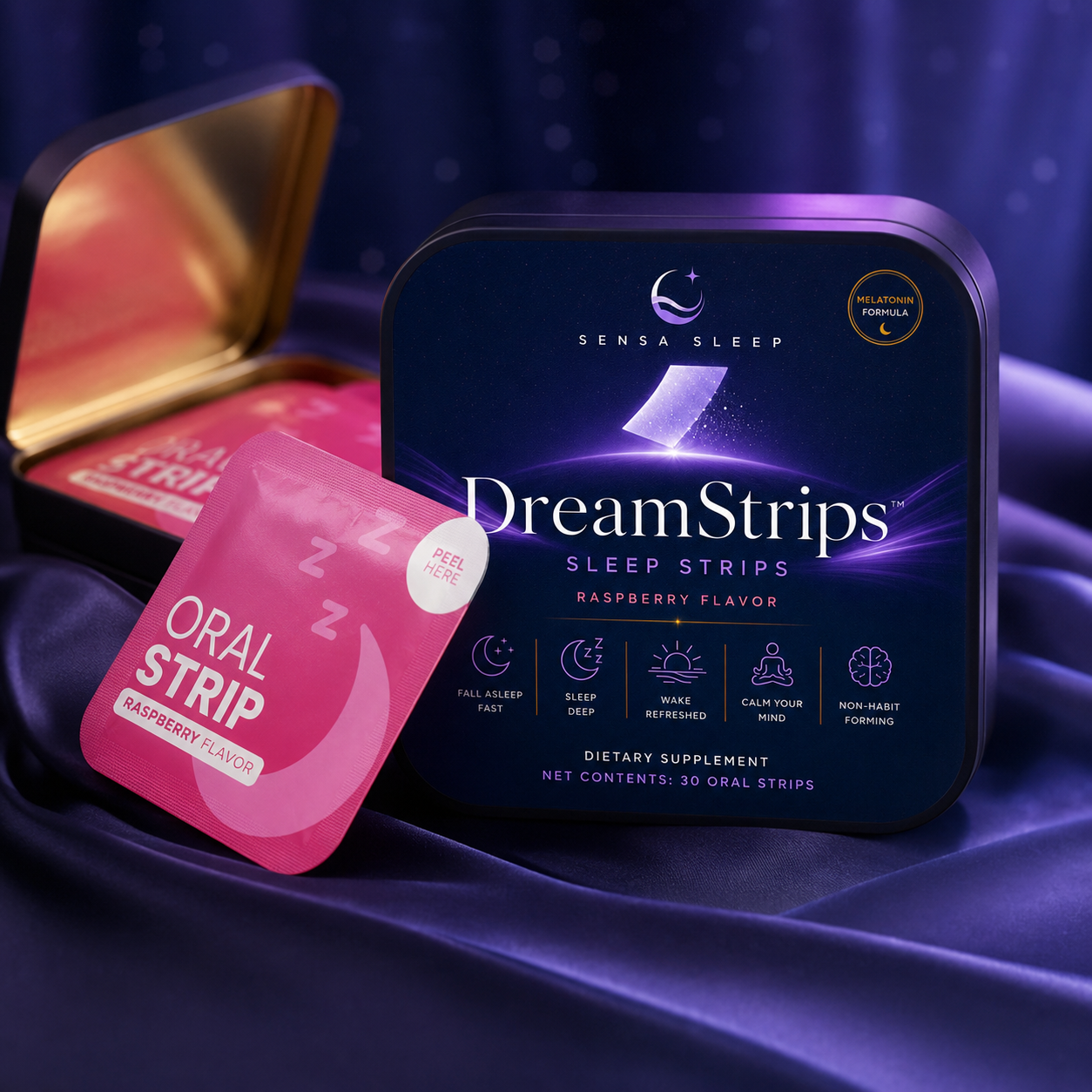 Sensa Sleep DreamStrips sleep strips tin open with raspberry oral strip sachet.