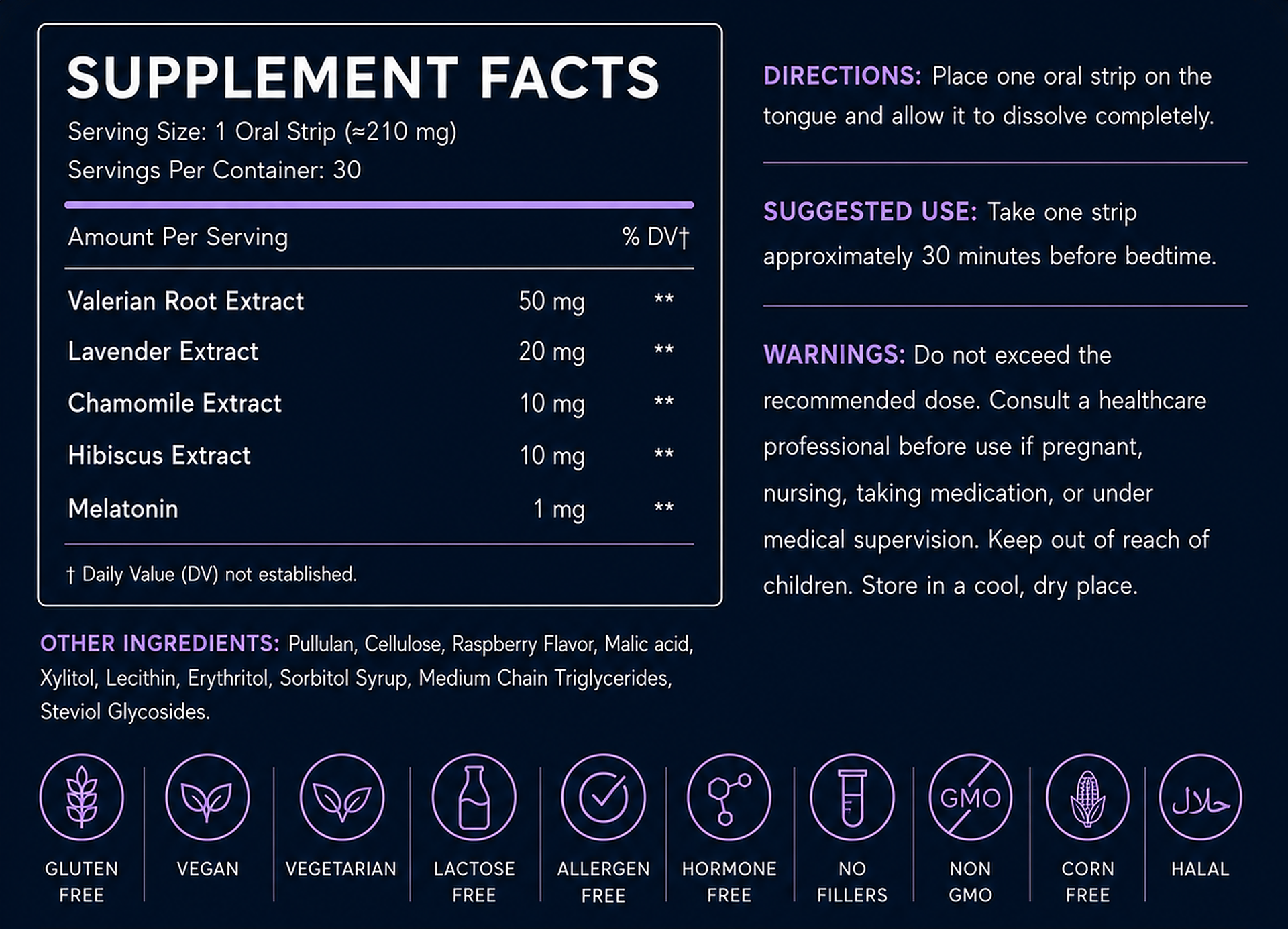DreamStrips supplement facts panel with full ingredient list and certifications