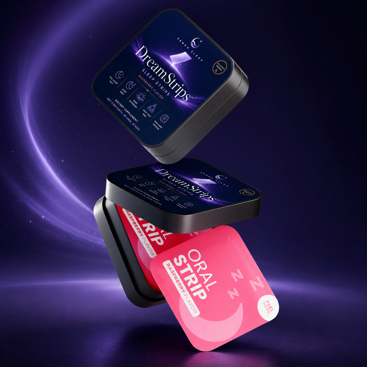 Two DreamStrips tins floating with a raspberry sachet